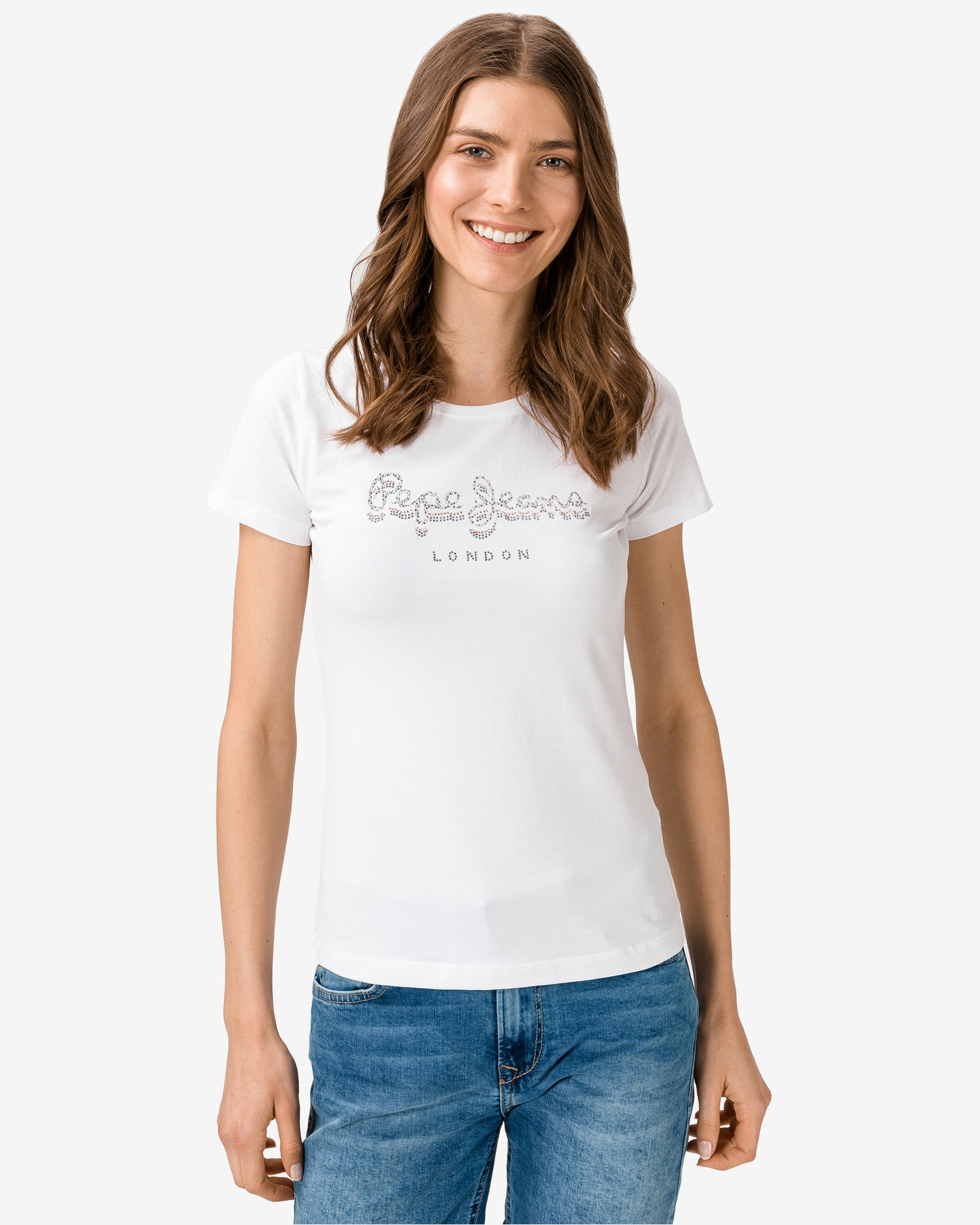 Fotografie Bílé dámské tričko s ozdobnými kamínky Pepe Jeans Beatrice - S